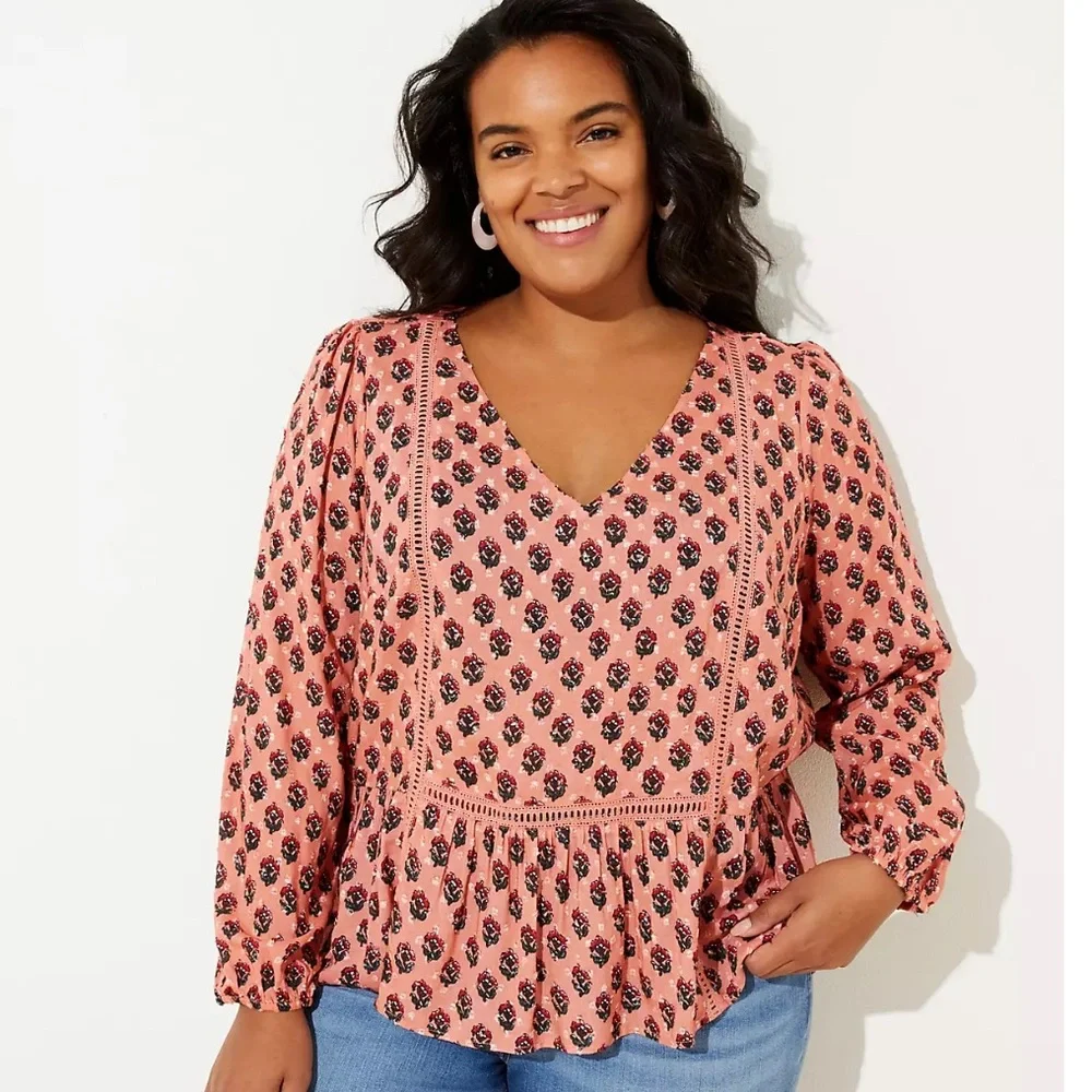 LOFT Pink and White Puff Sleeve Peplum Blouse